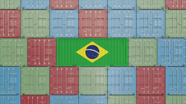 Recipiente com bandeira do Brasil. Importação brasileira ou renderização 3D relacionada à exportação — Fotografia de Stock