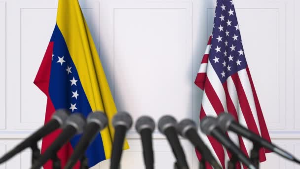 Σημαίες της Βενεζουέλας και την Ελλάδα σε διεθνή διάσκεψη τύπου συνάντησης ή διαπραγματεύσεις. 3D animation — Αρχείο Βίντεο