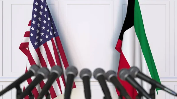 Флаги США и Кувейта на международной встрече или пресс-конференции. 3D рендеринг — стоковое фото