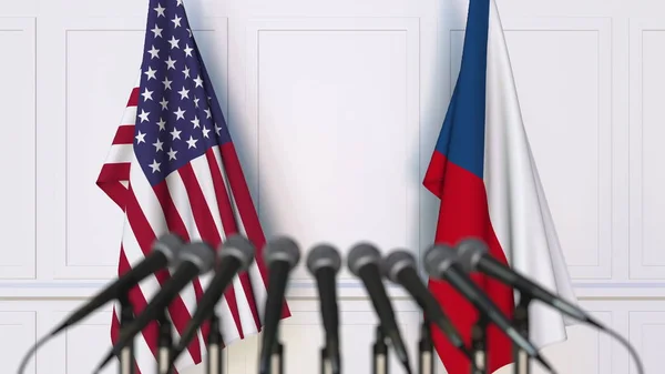 Flagi Polski i Republiki Czeskiej na międzynarodowej konferencji prasowej spotkania lub negocjacji. renderowania 3D — Zdjęcie stockowe