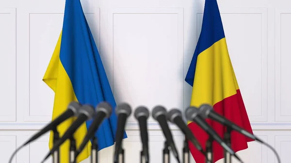 Banderas de Ucrania y Rumanía en la reunión internacional o en la conferencia de prensa de negociaciones. Renderizado 3D — Foto de Stock