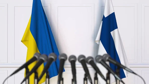 Σημαίες της Ουκρανίας και της Φινλανδίας σε διεθνή διάσκεψη τύπου συνάντησης ή διαπραγματεύσεις. 3D rendering — Φωτογραφία Αρχείου