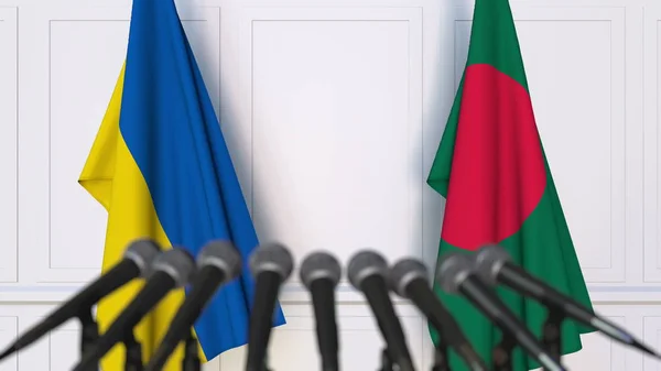 Flags of Ukraine and Bangladesh at international meeting or negotiations press conference. 3D rendering — Stock Photo, Image