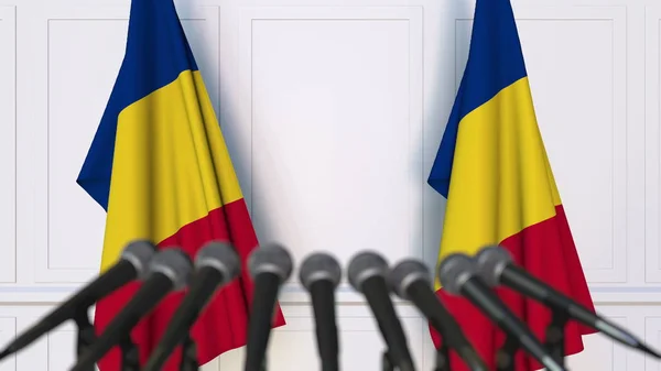 Conferência de imprensa oficial romena com bandeiras da Roménia. Renderização 3D — Fotografia de Stock