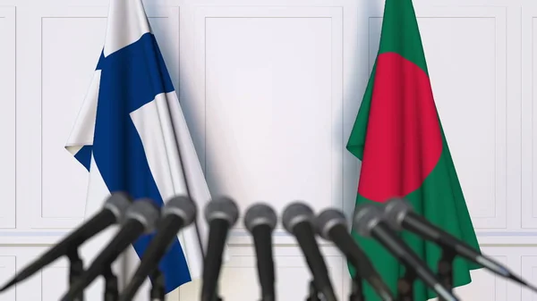 Flags of Finland and Bangladesh at international meeting or negotiations press conference. 3D rendering — Stock Photo, Image