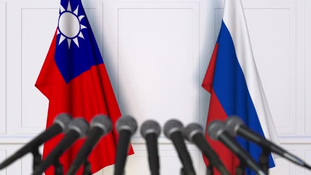 Zászlók, Tajvan és Oroszország nemzetközi értekezlet vagy a tárgyalások során a sajtótájékoztatón. 3D animáció — Stock videók