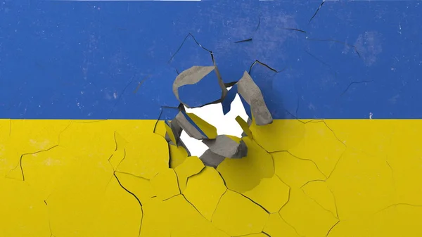 Schiacciamento muro di cemento con bandiera dell'Ucraina. Crisi ucraina concettuale editoriale rendering 3D — Foto Stock