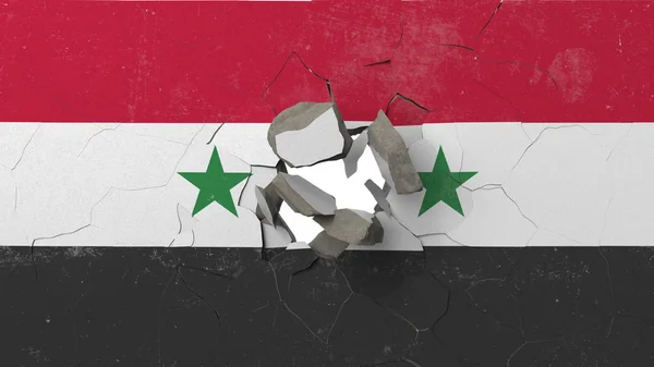 시리아의 그려진 국기와 벽을 깨는. 시리아 위기 개념적 편집 3d 렌더링 — 스톡 사진