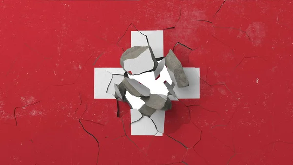 Parede destruidora com bandeira pintada da Suíça. Swiss crise editorial conceitual renderização 3D — Fotografia de Stock