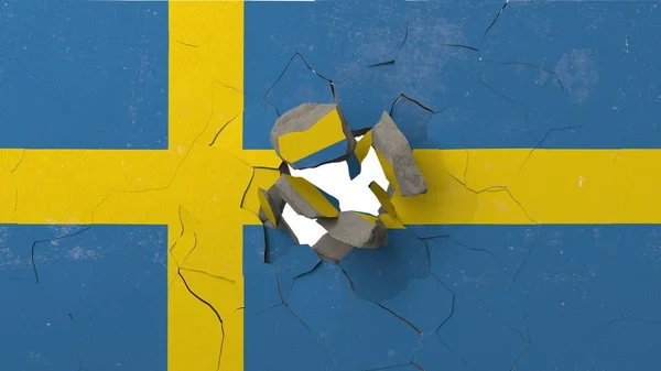 Mur łamany z pomalowaną flagą Szwecji. Szwedzki kryzys koncepcyjny redakcyjnej renderowania 3D — Zdjęcie stockowe