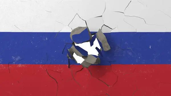 Breaking wall with painted flag of Russia. Russian crisis conceptual editorial 3D rendering — Stock Photo, Image