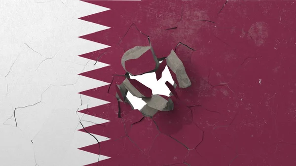 Crushing concrete wall with flag of Qatar. Qatari crisis conceptual editorial 3D rendering — Stock Photo, Image