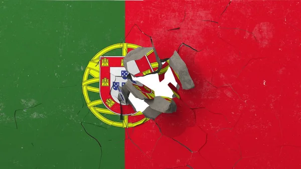Rompiendo muro con bandera pintada de Portugal. Crisis portuguesa editorial conceptual 3D rendering — Foto de Stock