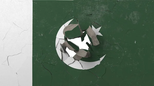 Spargerea zidului cu steagul pictat al Pakistanului. Criza pakistaneză redarea editorială conceptuală 3D — Fotografie, imagine de stoc