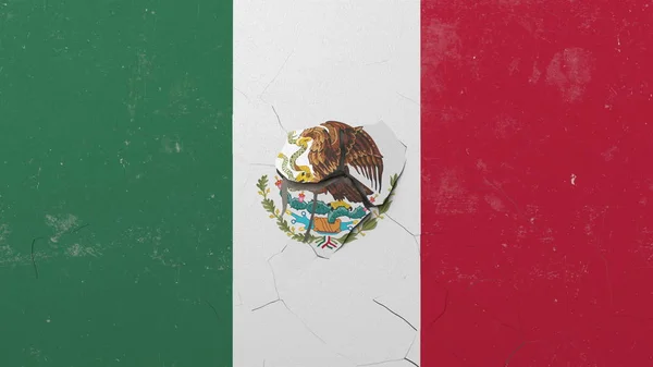 Triturando muro de hormigón con bandera de México. Crisis mexicana editorial conceptual 3D rendering — Foto de Stock
