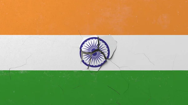 Zerstörende Wand mit gemalter Flagge Indiens. Indische Krise konzeptionelles Editorial 3D Rendering — Stockfoto