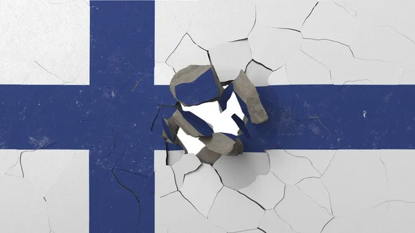 Förstör väggen med Finlands målade flagga. Finsk kris konceptuell redaktionell 3D-rendering — Stockfoto