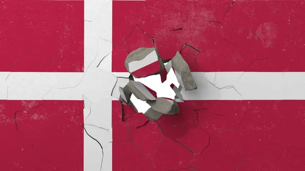 Niszcząc ścianę z pomalowaną flagą Danii. Duński kryzys koncepcyjny redakcji renderowania 3D — Zdjęcie stockowe