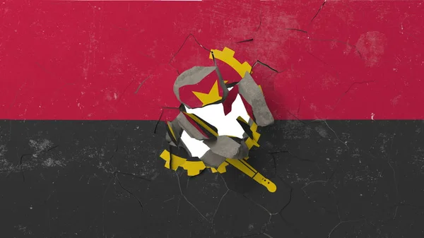 Breaking wall with painted flag of Angola. Angolan crisis conceptual editorial 3D rendering