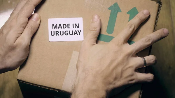 Hecha en URUGUAY pegatina en una caja de cartón —  Fotos de Stock