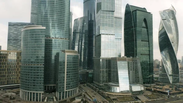 Aerial rising shot of modern skyscrapers within cityscape of Moscow, Russia — Stock Photo, Image