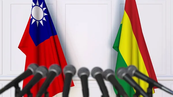 Flagi Tajwanu i Boliwii na międzynarodowej konferencji prasowej lub negocjacji. Renderowanie 3D — Zdjęcie stockowe