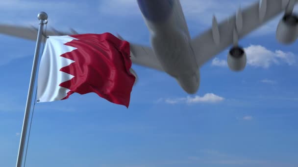 Flugzeug fliegt über wehende Fahne des Bahrains. 3D-Animation — Stockvideo
