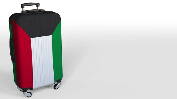 Подорожуючі валіза з прапором Кувейту. Кувейтська туризму концептуального 3D візуалізації, порожнє місце для заголовка — стокове фото