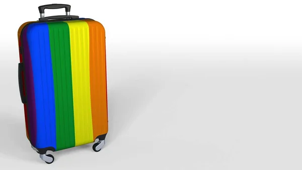 Koffer mit Gay Pride Flagge. konzeptionelles 3D-Rendering, Leerraum für Bildunterschriften — Stockfoto