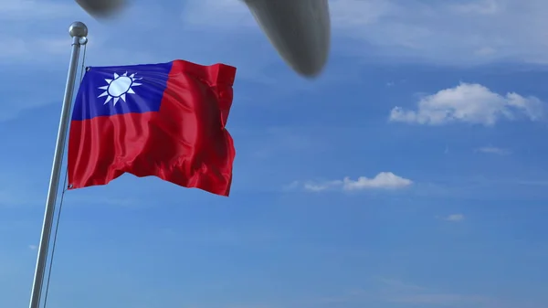 Самолет пролетает над развевающимся флагом Тайваня. 3D рендеринг — стоковое фото