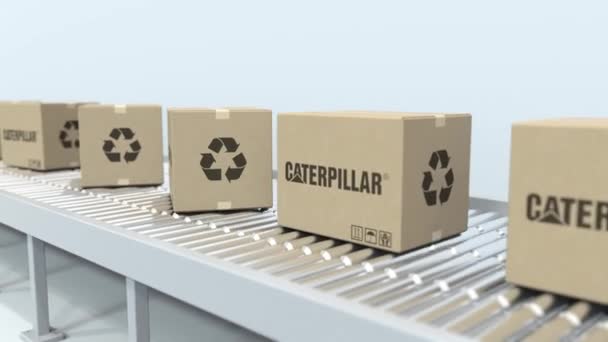 Kartons mit Raupen-Logo bewegen sich auf Rollenbahnen. Schlupflöcher redaktionelle 3D-Animation — Stockvideo