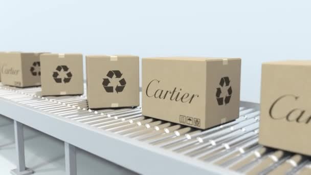 Коробки с логотипом CARTIER перемещаются на роликовом конвейере. Передвижная назидательная 3D-анимация — стоковое видео