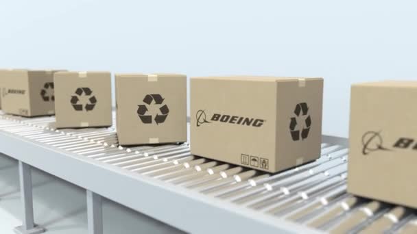 Cartons avec logo BOEING se déplacent sur le convoyeur à rouleaux. Loopable éditorial animation 3D — Video