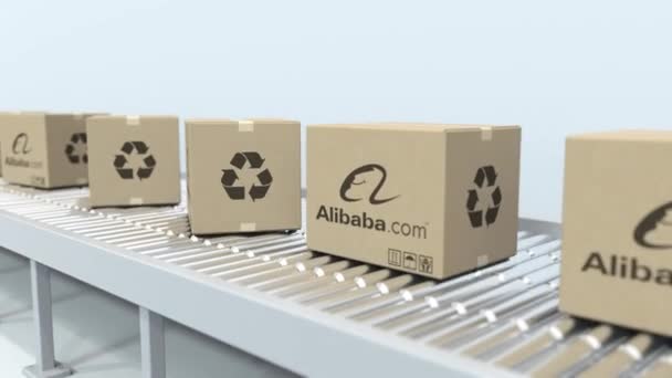Caixas com logotipo ALIBABA movem-se no transportador de rolos. Animações 3D editoriais soltas — Vídeo de Stock