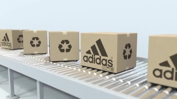 Scatole con logo ADIDAS si muovono su trasportatore a rulli. Animazione editoriale Loopable 3D — Video Stock