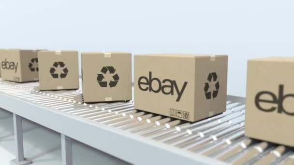 Ebay-Logo auf Umzugskartons auf Rollenbahnen. Schlupflöcher redaktionelle 3D-Animation — Stockvideo