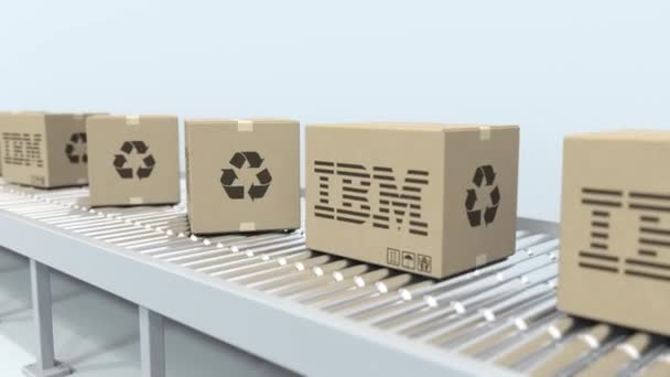IBM logosu olan kutular silindir konveyöründe hareket ederler. Loopable editoryal 3D animasyon — Stok video