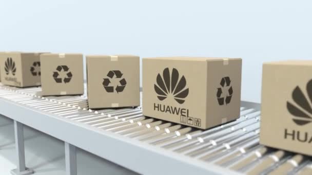 Logo Huawei na pohyblivých bedně na kolečkových dopravníkách. Smyklič 3D animace — Stock video