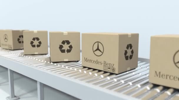 Mercedes-Benz logo a mozgó dobozok a görgős szállítószalag. Loopable szerkesztői 3D animáció — Stock videók