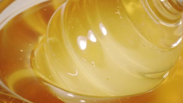 Honey and glass honey dipper, slow motion close-up shot — Stock Video