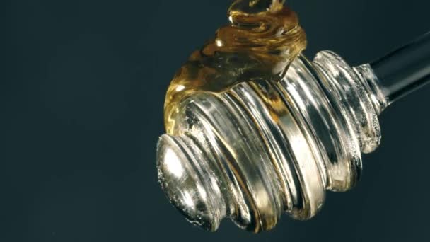 Налить мёд на стеклянный медовый окунь, замедленный снимок крупным планом — стоковое видео