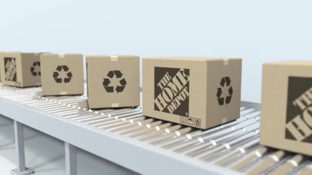 Het Home Depot-logo op bewegende dozen op de rollen transporteur. Loop bare redactionele 3D-animatie — Stockvideo