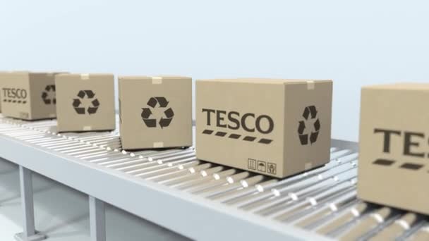 Tesco logo op bewegende dozen op rollen transporteur. Loop bare redactionele 3D-animatie — Stockvideo