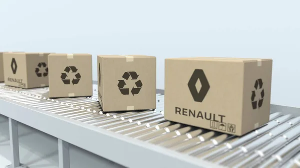Kartons mit Renault-Logo bewegen sich auf Rollenbahnen. redaktionelles 3D-Rendering — Stockfoto