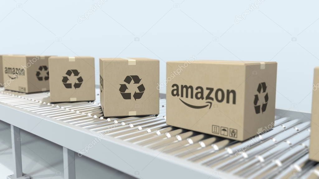 Many cartons with logo on roller conveyor. Editorial 3D