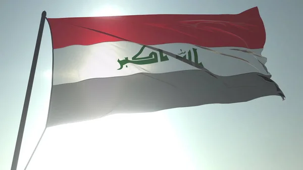 Mengibarkan bendera Irak terhadap matahari dan langit yang bersinar. Perenderan 3D yang realistis — Stok Foto