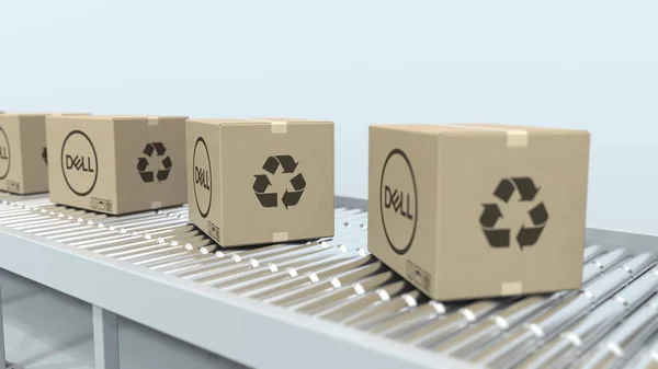 Silindir konveyör üzerinde taşıma kutuları Dell logosu. Editoryal 3D Rendering — Stok fotoğraf