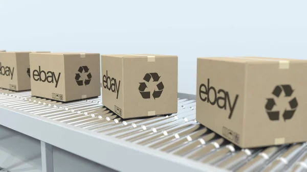 Ebay-Logo auf Umzugskartons auf Rollenbahnen. redaktionelles 3D-Rendering — Stockfoto