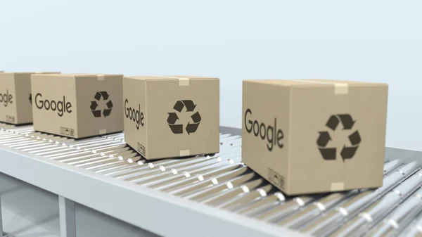 Dozen met Google-logo te verplaatsen op roller transportband. Redactionele 3D rendering — Stockfoto