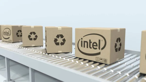 Intel-Logo auf Umzugskartons auf Rollenbahnen. redaktionelles 3D-Rendering — Stockfoto
